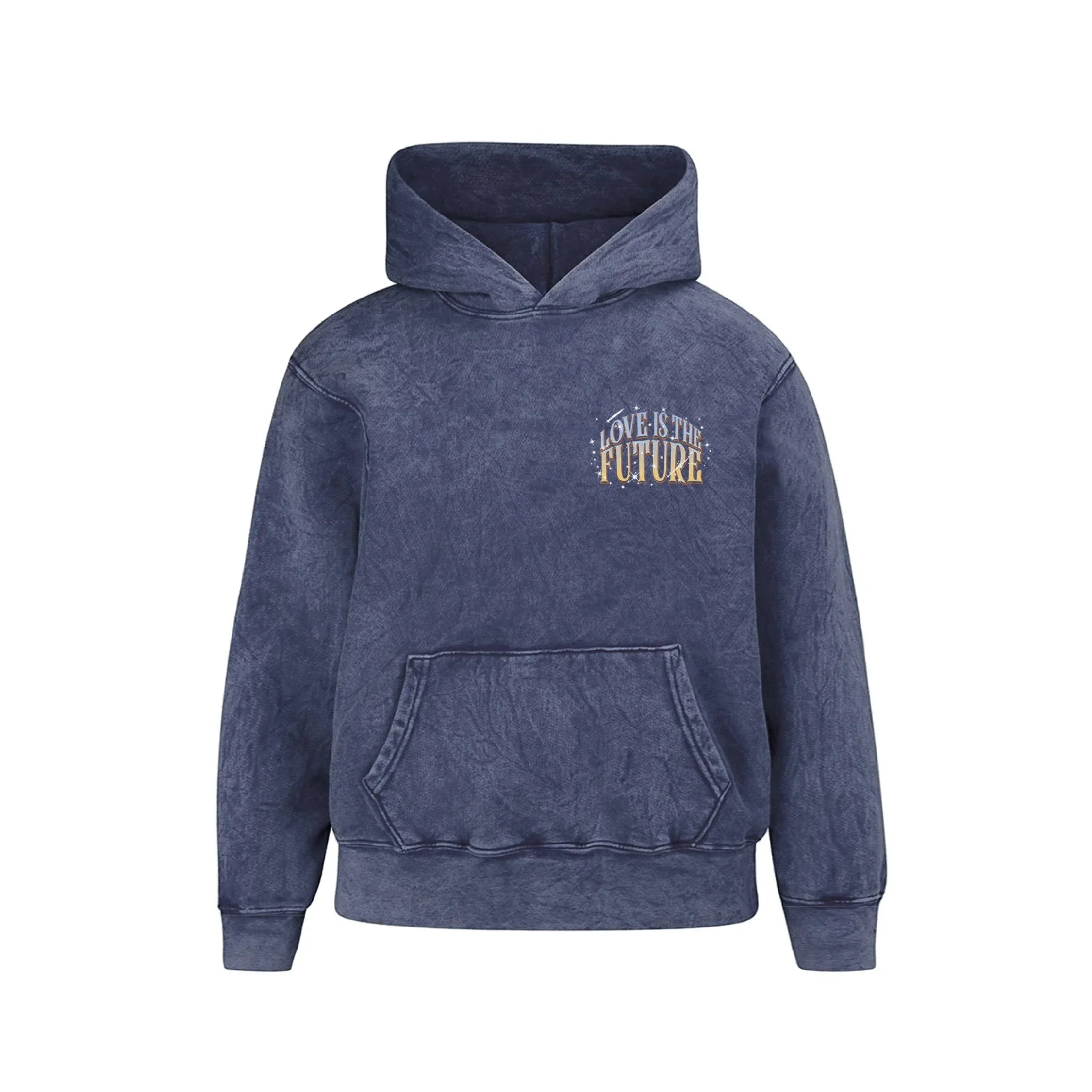 Navy acid wash hoodie with 'Love Is The Future' graphic, cozy pullover for coastal PNW style