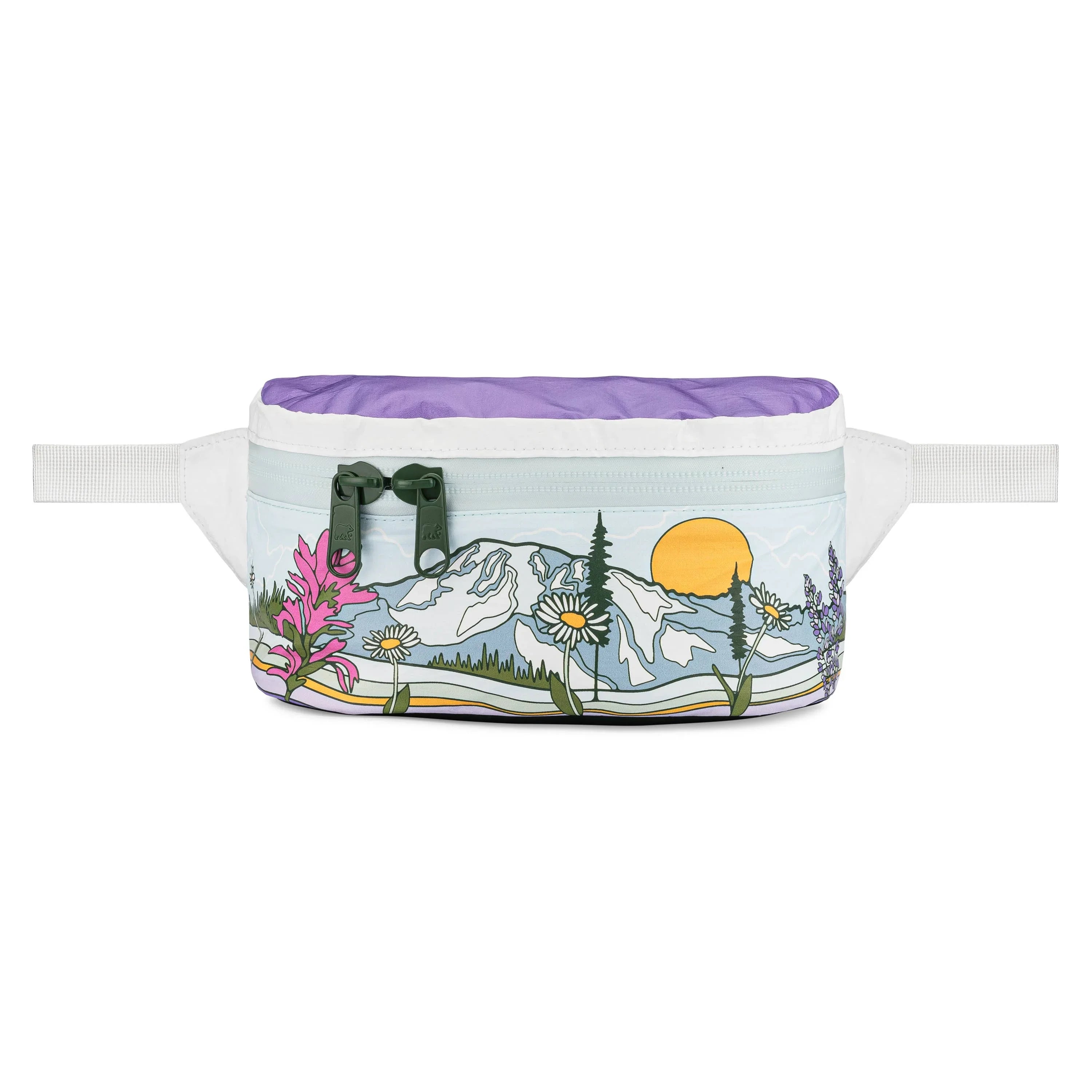 Mountain wildflower print fanny pack with purple lining, ideal for hiking and outdoor adventures