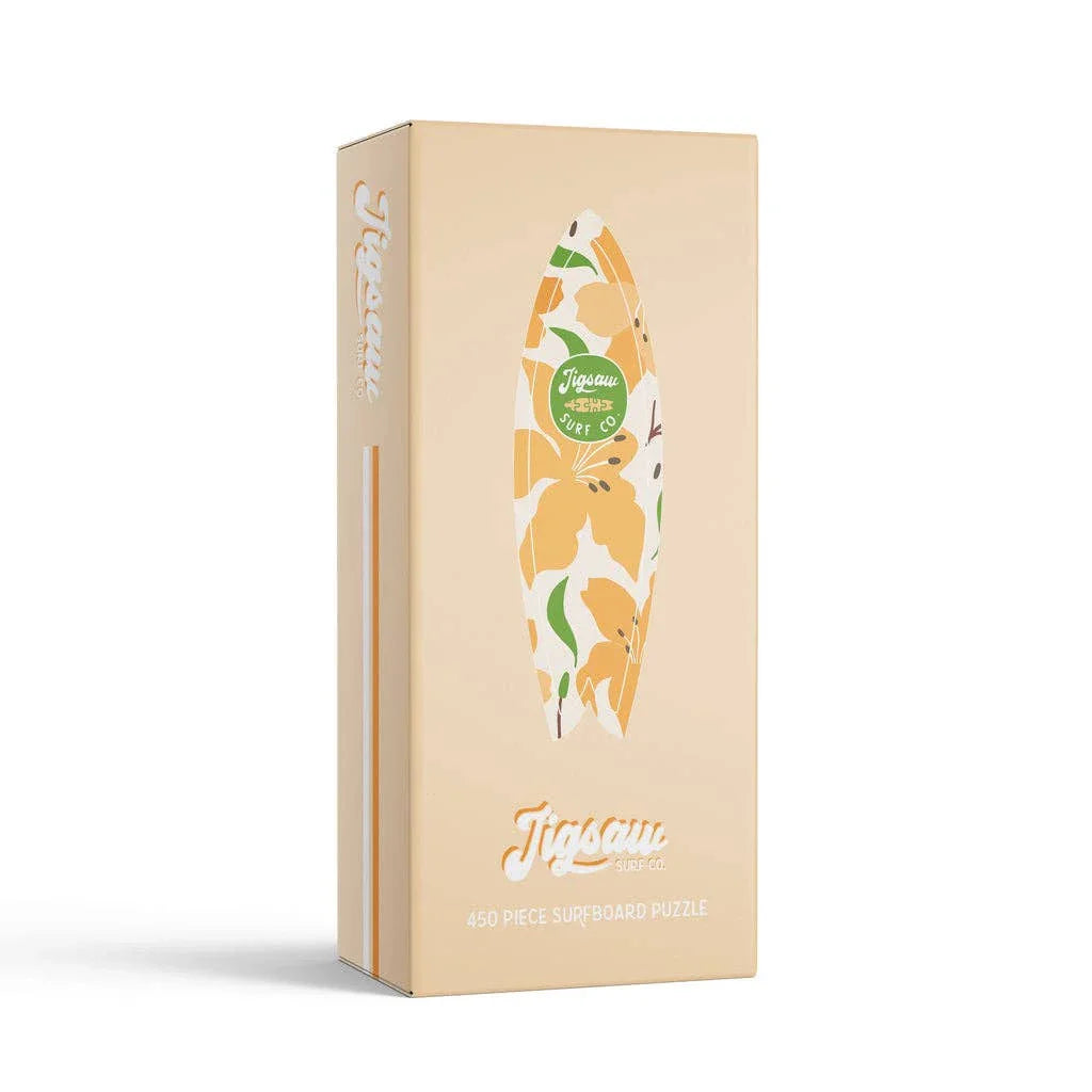 450-piece surfboard puzzle box with floral design, Jigsaw Surf Co. branding