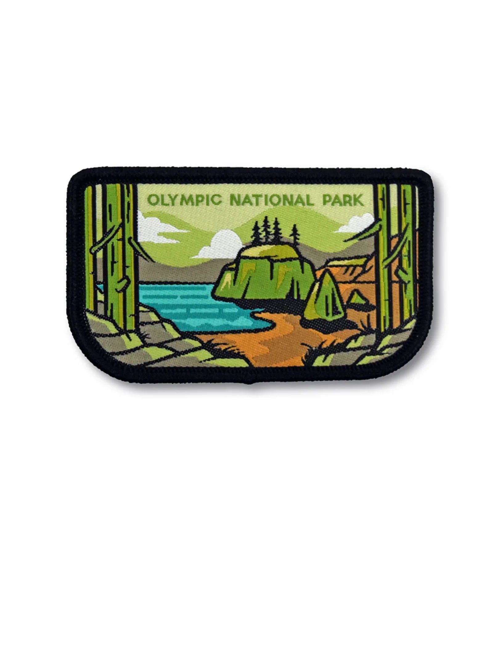 Olympic National Park embroidered patch with forest, lake, and mountain scenery for outdoor adventures.