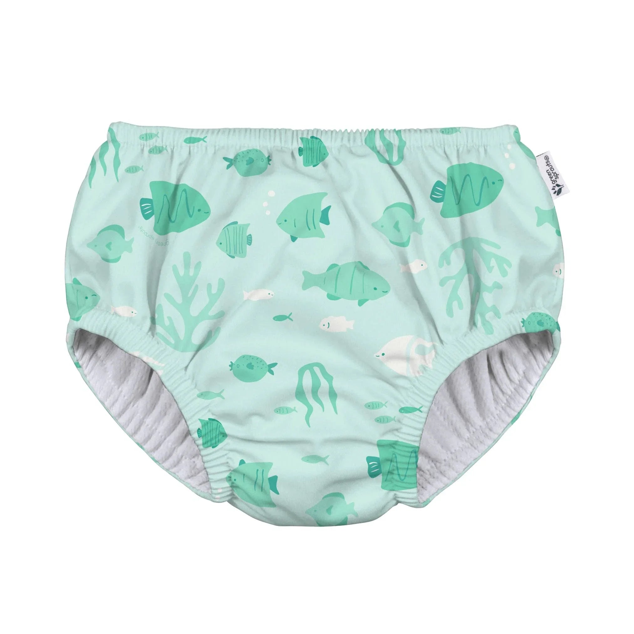 Mint green swim diaper with fish and coral print, ideal for baby pool or beach use