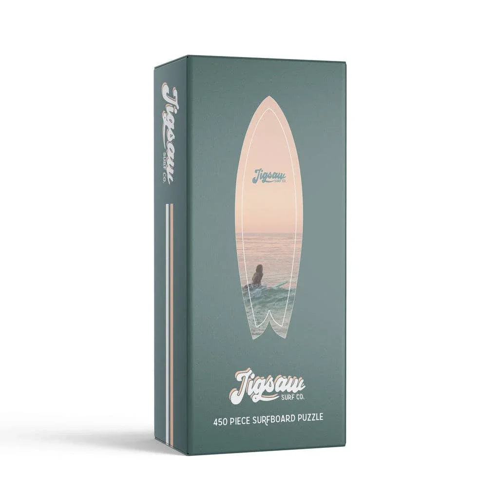 450-piece surfboard puzzle box with ocean sunset design by Jigsaw Surf Co.