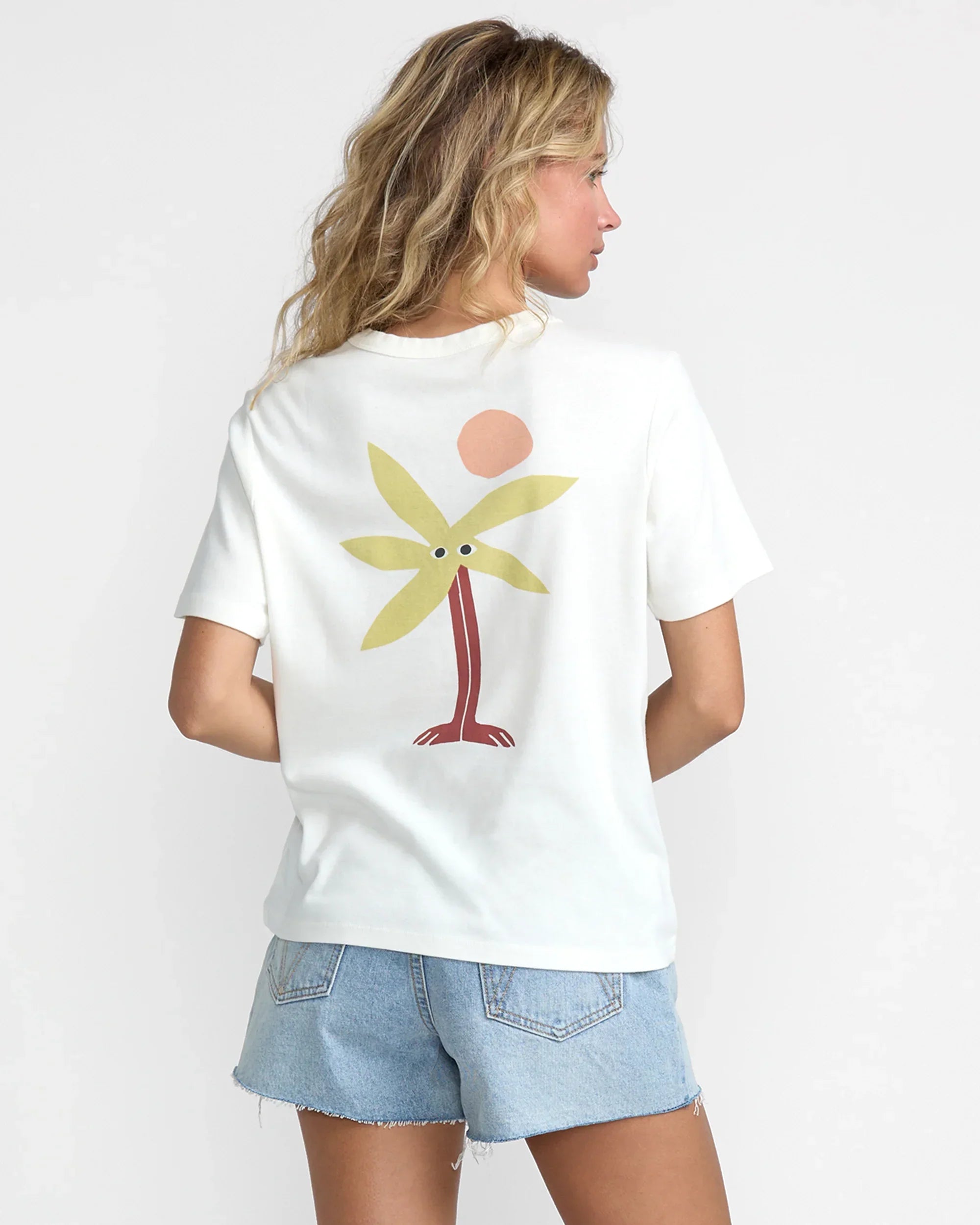 White t-shirt with palm tree graphic, coastal style for beach days and PNW adventures