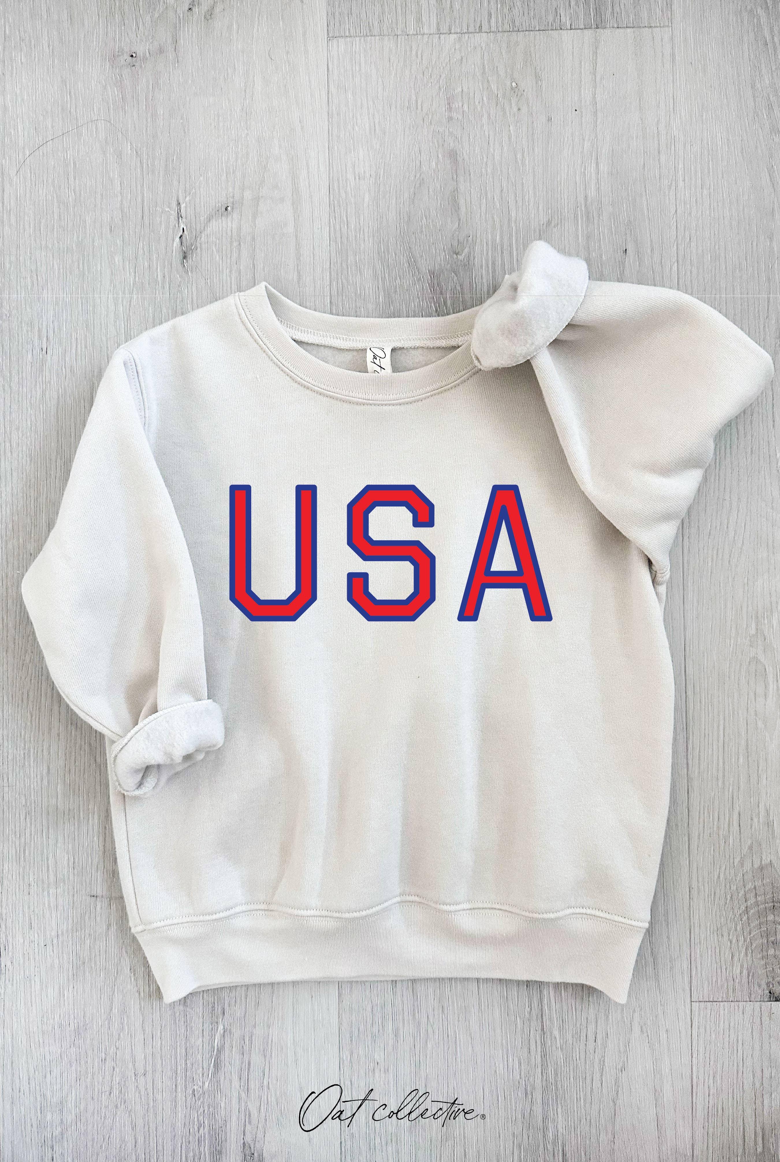 Cream USA graphic sweatshirt with red and blue lettering, laid on wood floor