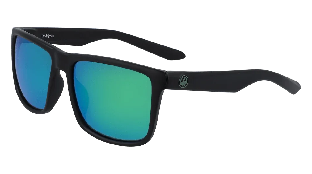 Black matte sunglasses with blue-green mirrored lenses, ideal for outdoor adventures and board sports.