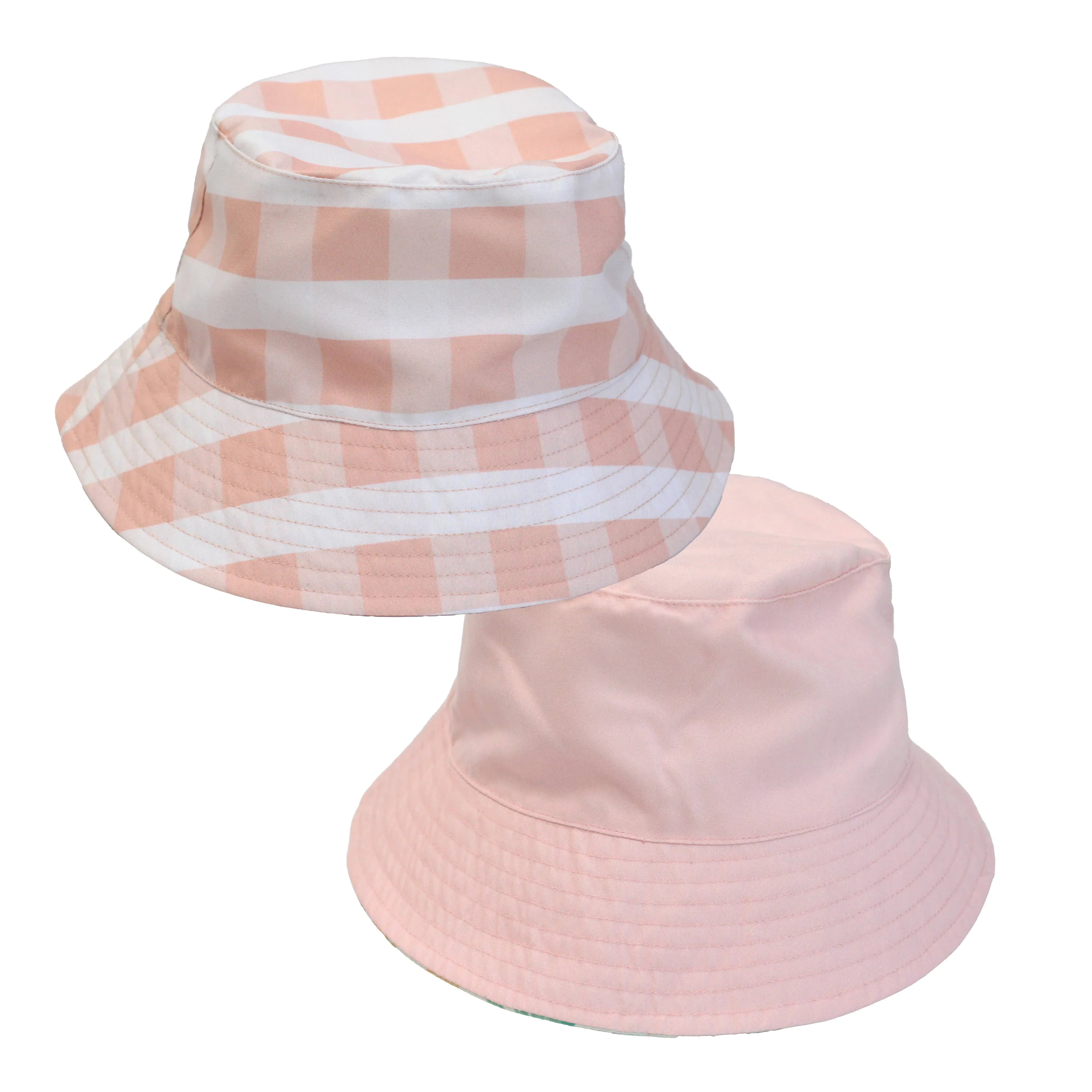 Pink gingham and solid bucket hats for beach days and outdoor adventures