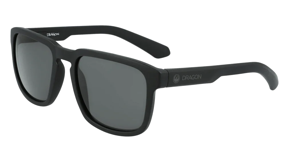 Matte black Dragon sunglasses with gray lenses, ideal for outdoor adventures and board sports.
