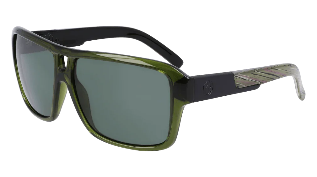Green-tinted polarized sunglasses with black frame and patterned arms for outdoor adventures