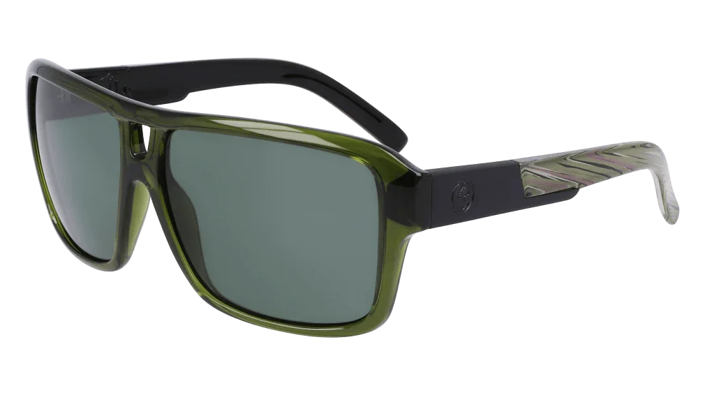 Olive green rectangular sunglasses with black arms and marbled temple tips, ideal for outdoor adventures.