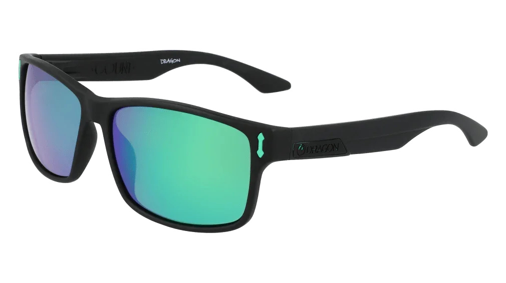 Dragon sunglasses with black frame and green-blue mirrored lenses, ideal for outdoor adventures