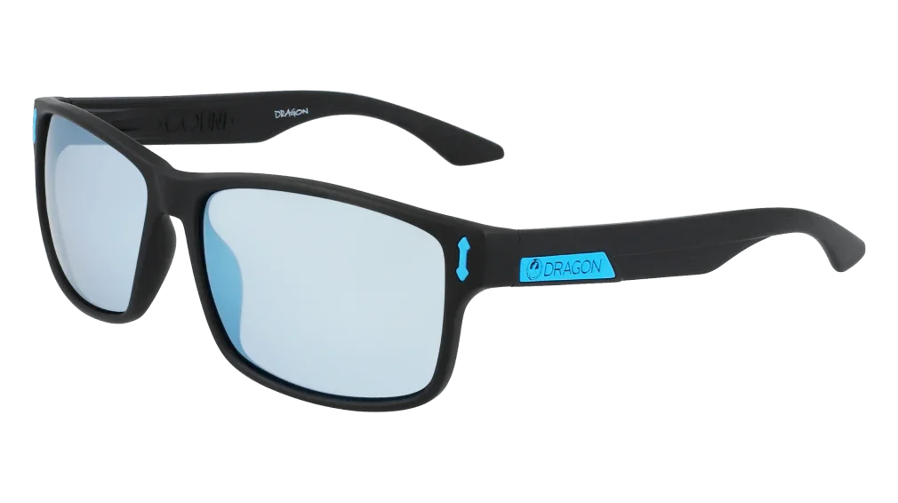 Dragon sunglasses with black frames and blue mirrored lenses, ideal for outdoor adventures