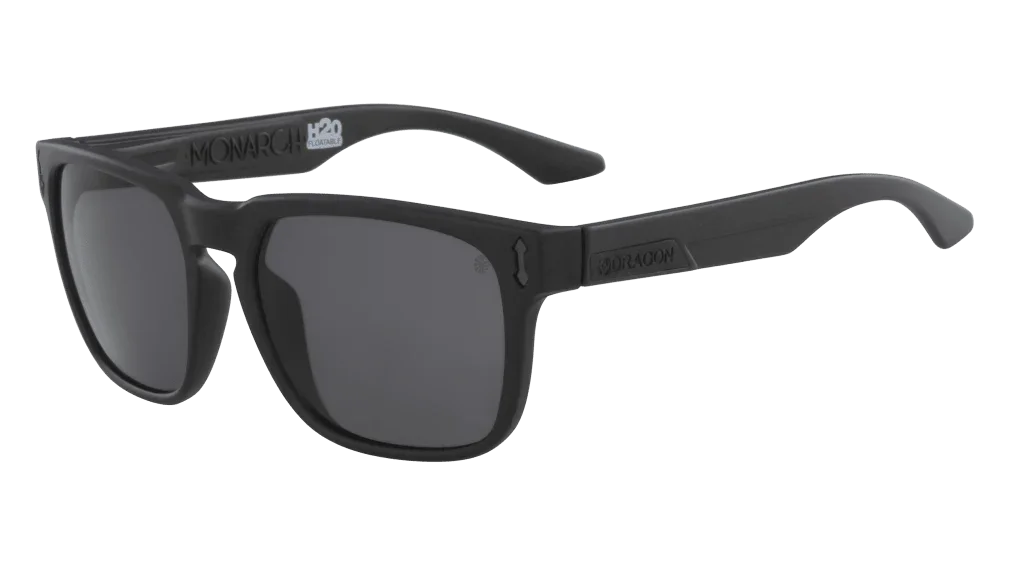 Black Monarch H2O polarized sunglasses with Dragon logo, sleek matte frame for outdoor adventures