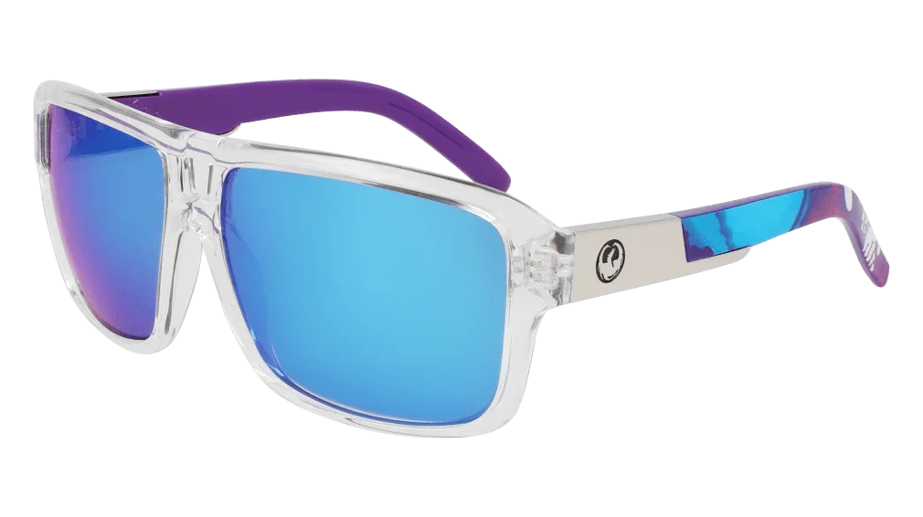 Clear frame sunglasses with blue mirrored lenses and purple accents, perfect for outdoor adventures.