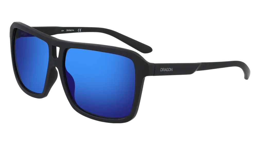 Dragon brand black frame sunglasses with blue mirrored lenses, sporty design for outdoor activities