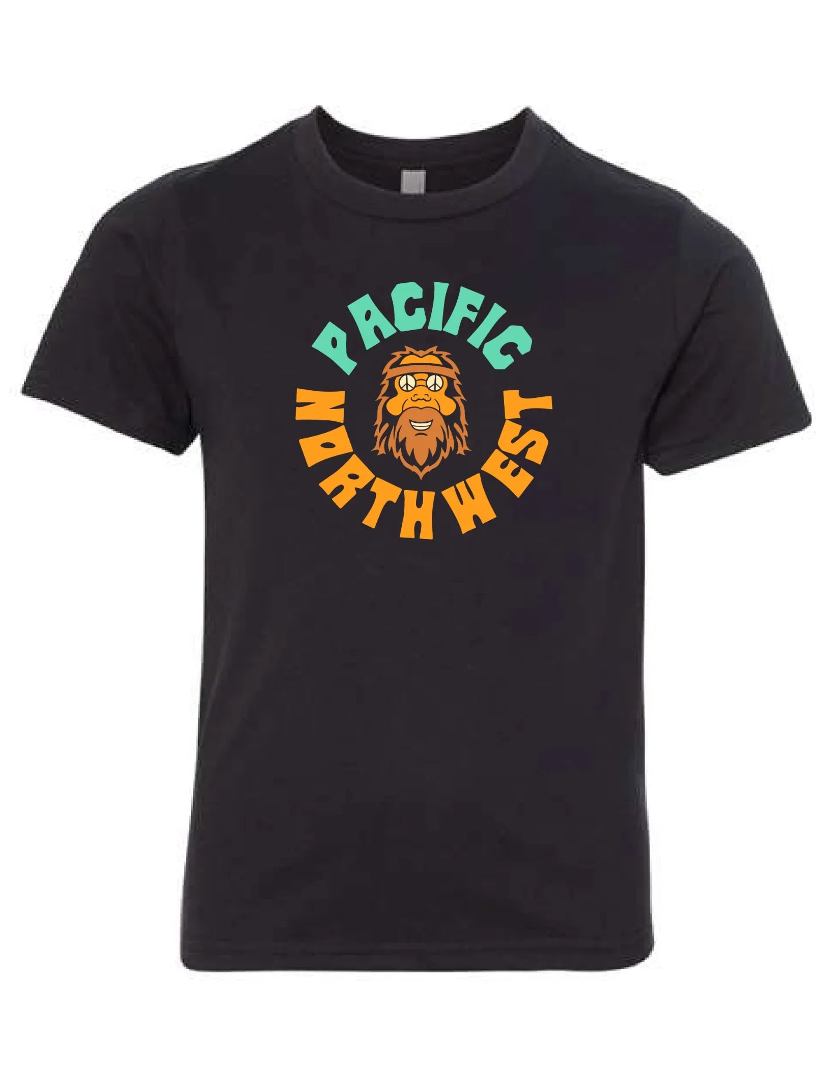 Black Pacific Northwest t-shirt with Sasquatch graphic, perfect for PNW outdoor adventures and coastal style.