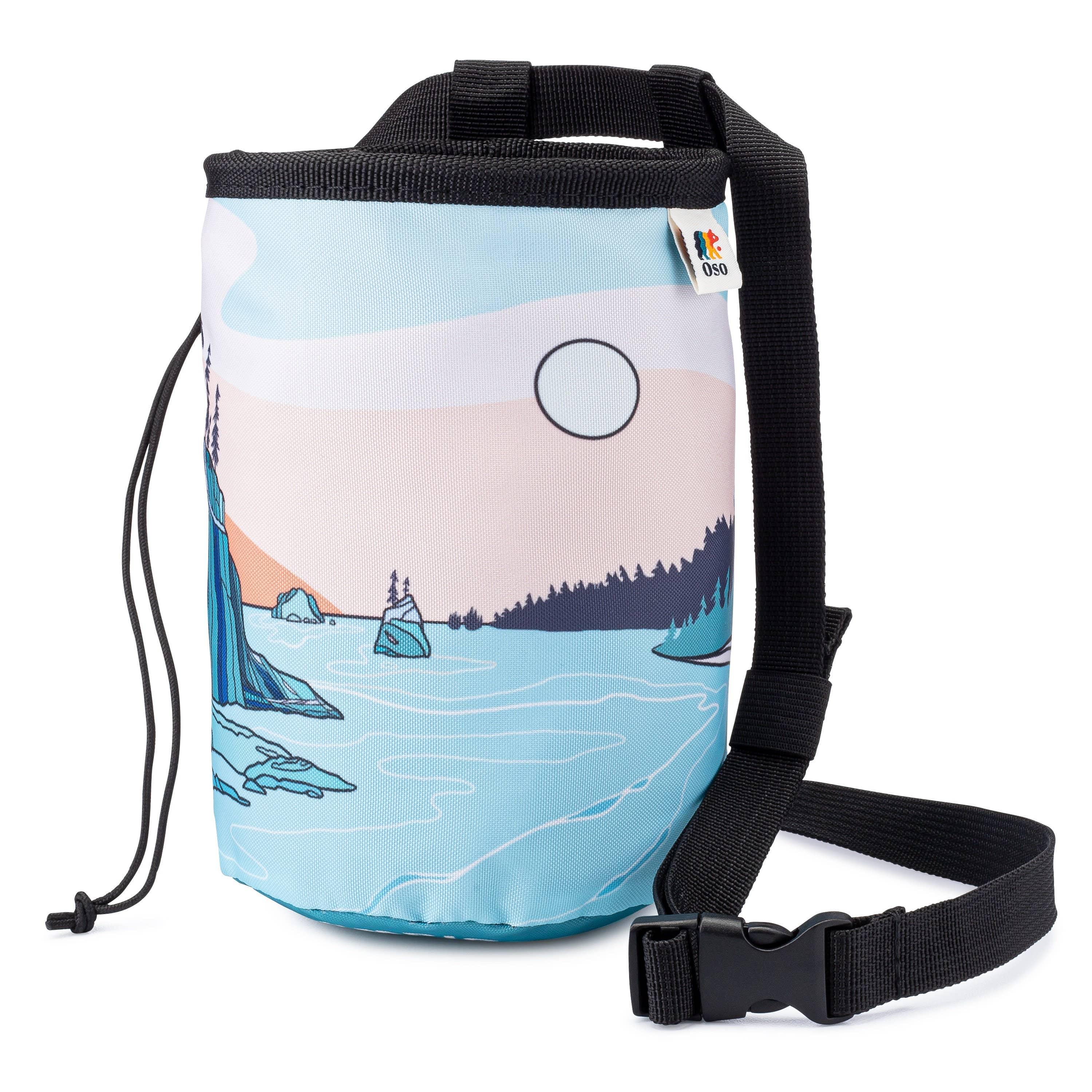 Scenic lake and forest print chalk bag with black strap for climbing