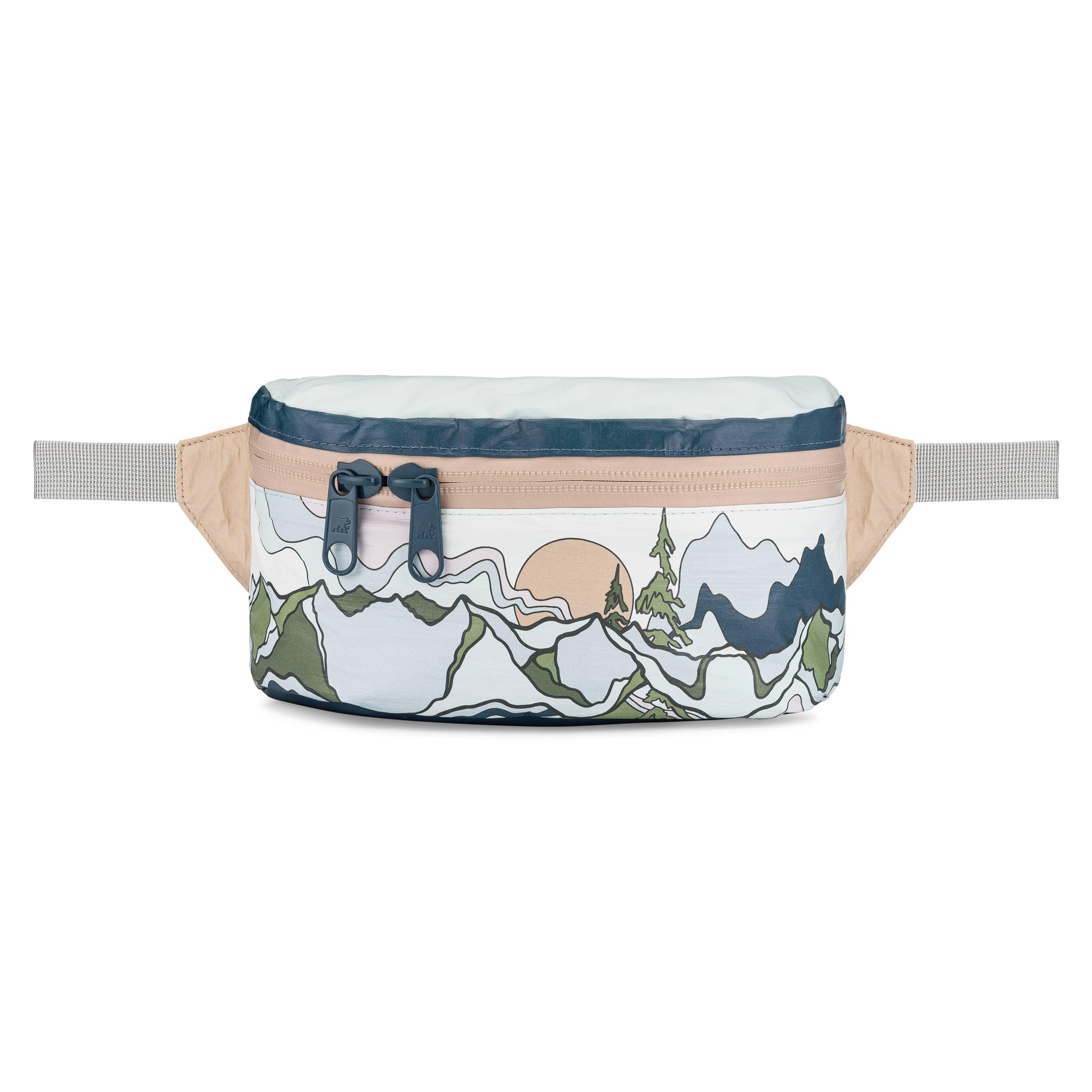 Mountain-themed fanny pack with scenic print and dual zippers for outdoor adventures