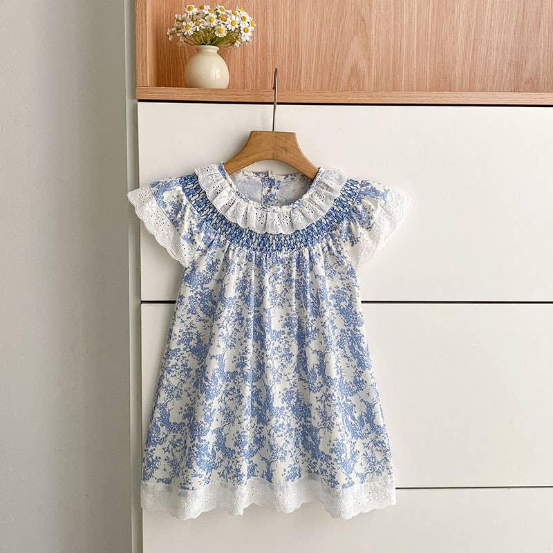 Blue floral baby dress with lace trim and ruffled sleeves