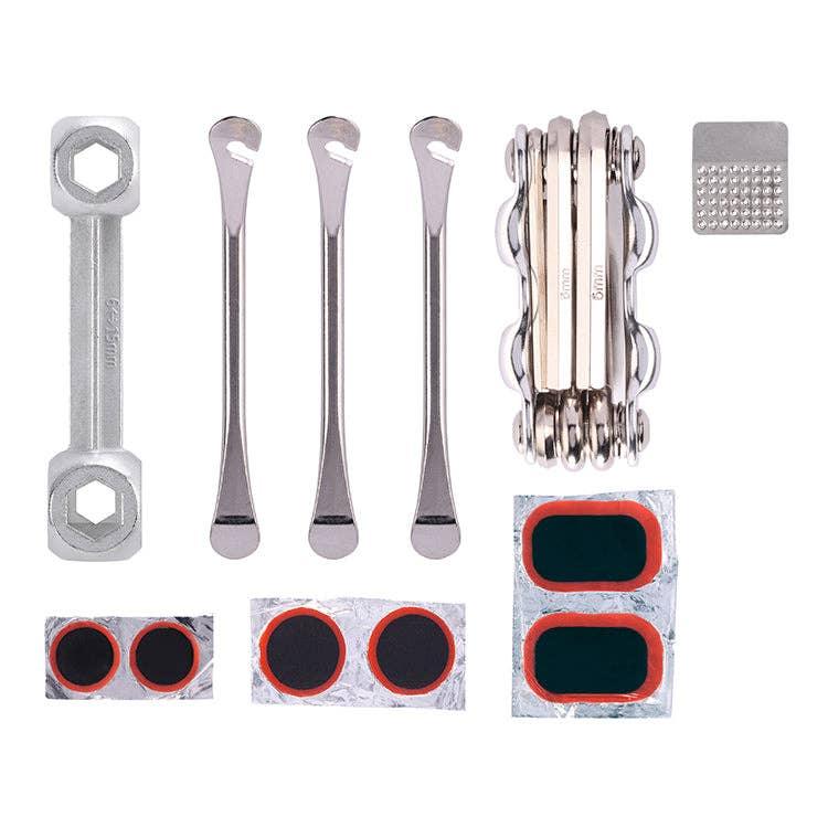 Bike repair kit with tire levers, multi-tool, patch kit, and wrench for trailside fixes