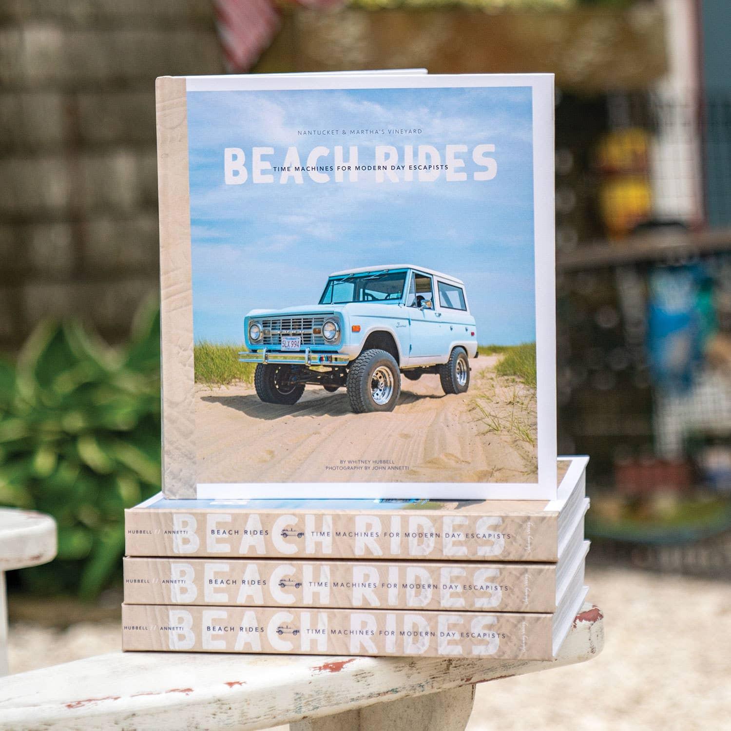 Beach Rides book stack featuring vintage truck on sandy coast, perfect for modern escapist adventures