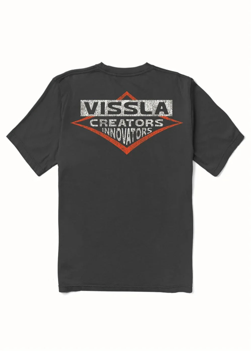 Black Vissla t-shirt with 'Creators Innovators' graphic, ideal for coastal adventures and outdoor lifestyle.