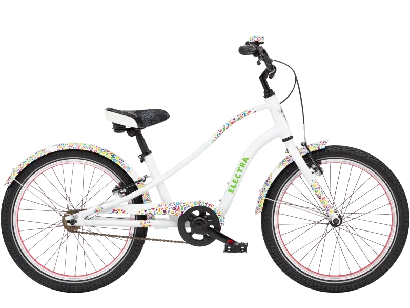 White Electra kids bike with floral accents and pink rims