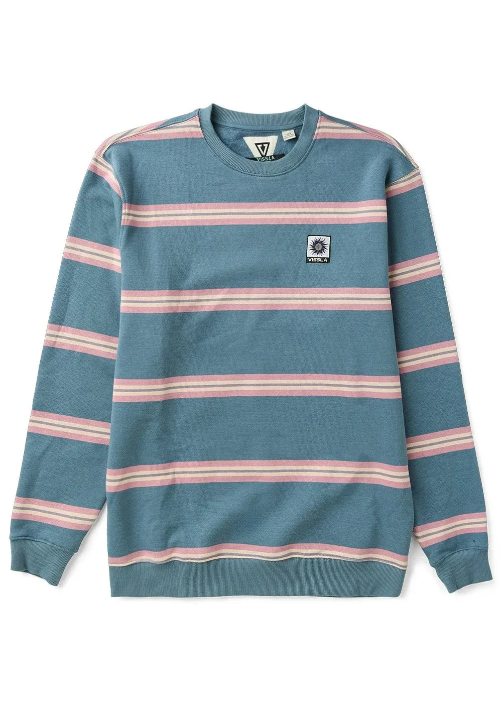 Blue and pink striped crewneck sweatshirt with Vissla logo, perfect for coastal PNW adventures