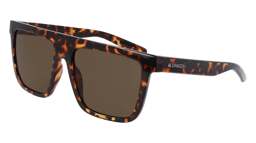 Tortoiseshell square sunglasses with brown lenses, Dragon brand logo on temple