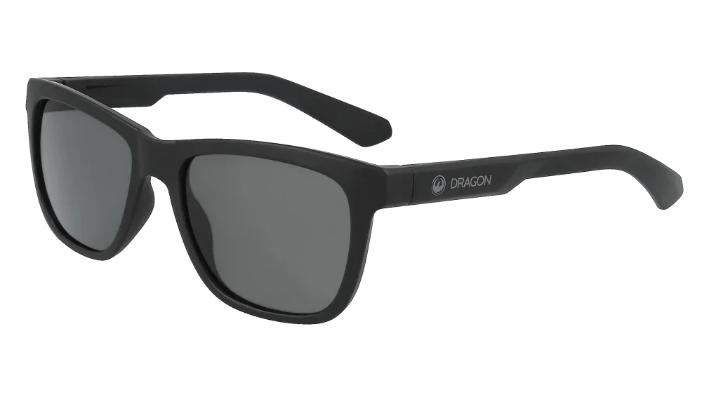Dragon brand black matte sunglasses with gray lenses, ideal for outdoor adventures and board sports.