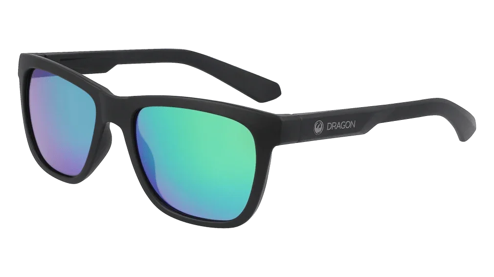 Dragon sunglasses with black frames and gradient blue-green mirrored lenses