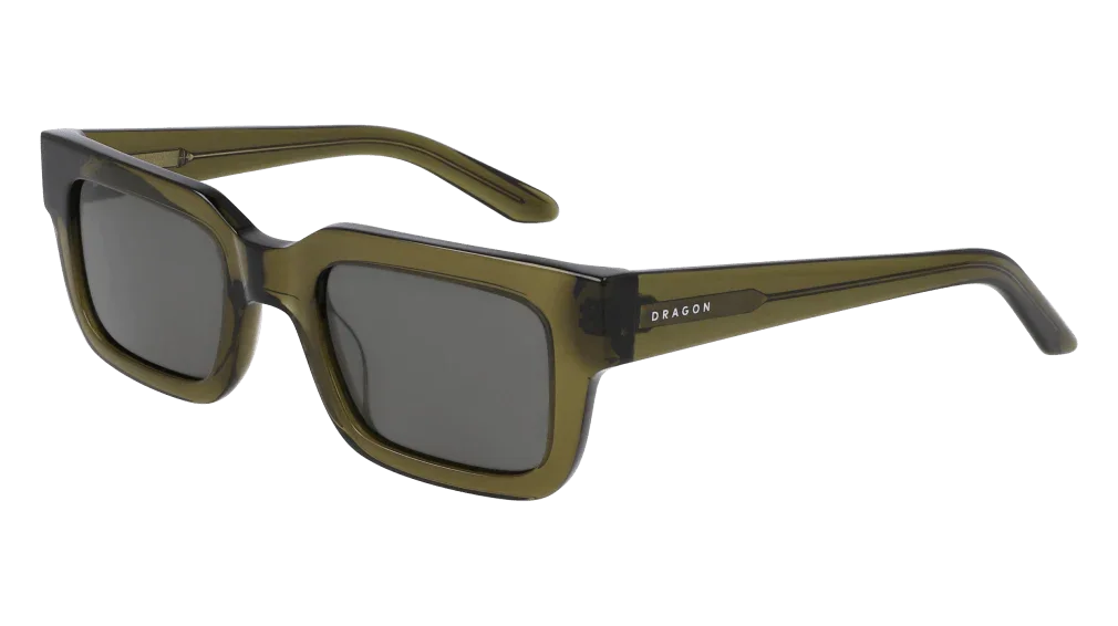 Olive green square sunglasses with dark lenses and Dragon branding on temple