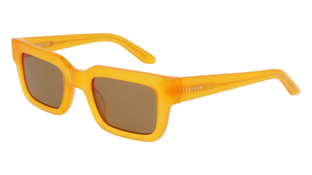 Stylish yellow square sunglasses with brown lenses, perfect for outdoor adventures and sunny days.