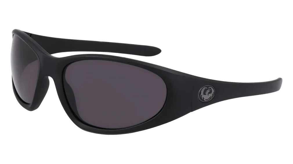 Black matte wraparound sunglasses with dark lenses, ideal for outdoor adventures and biking