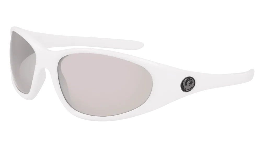White sport sunglasses with reflective lenses, ideal for outdoor adventures and active lifestyles.