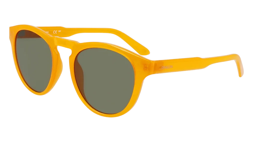 Bright yellow retro-style sunglasses with green-tinted lenses, perfect for outdoor adventures and sunny days.