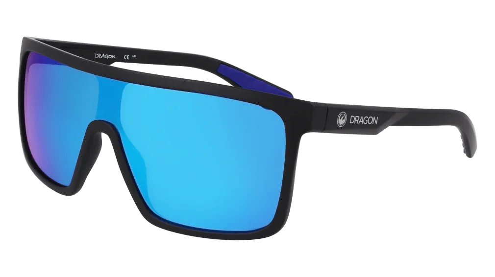 Dragon brand sport sunglasses with blue mirrored lenses and black frame for outdoor activities