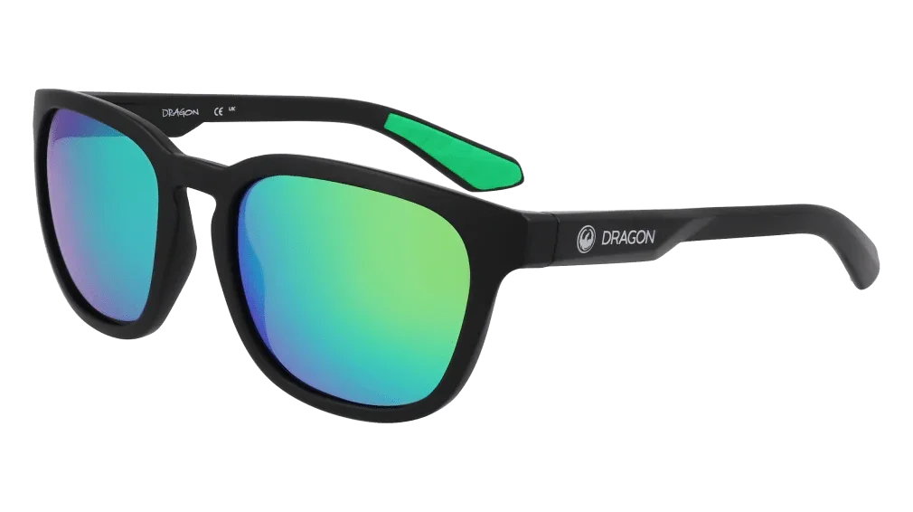 Dragon sunglasses with black frames and green-blue mirrored lenses, ideal for outdoor adventures