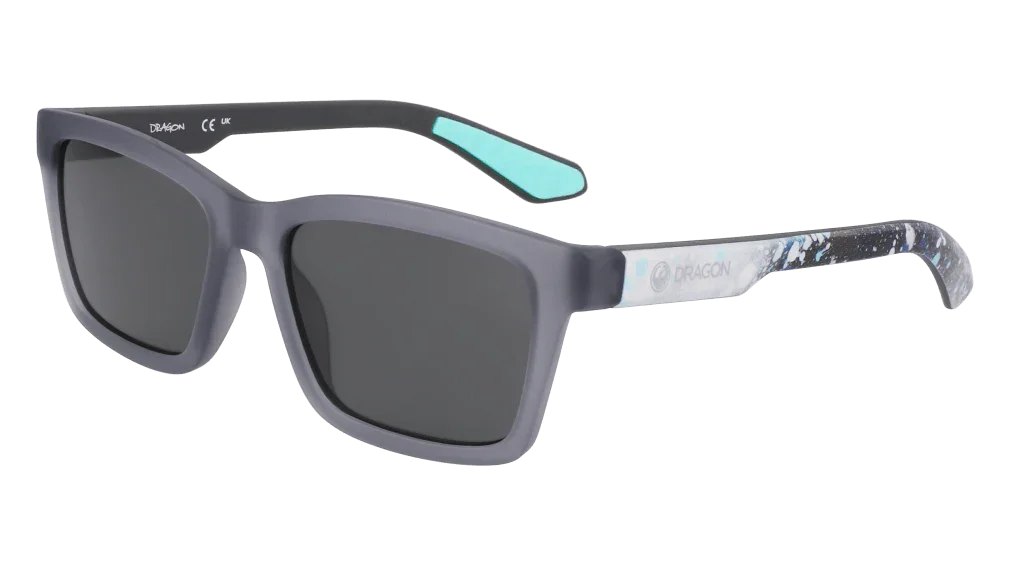 Dragon sunglasses with gray frame, dark lenses, and blue-accented arms for outdoor adventures