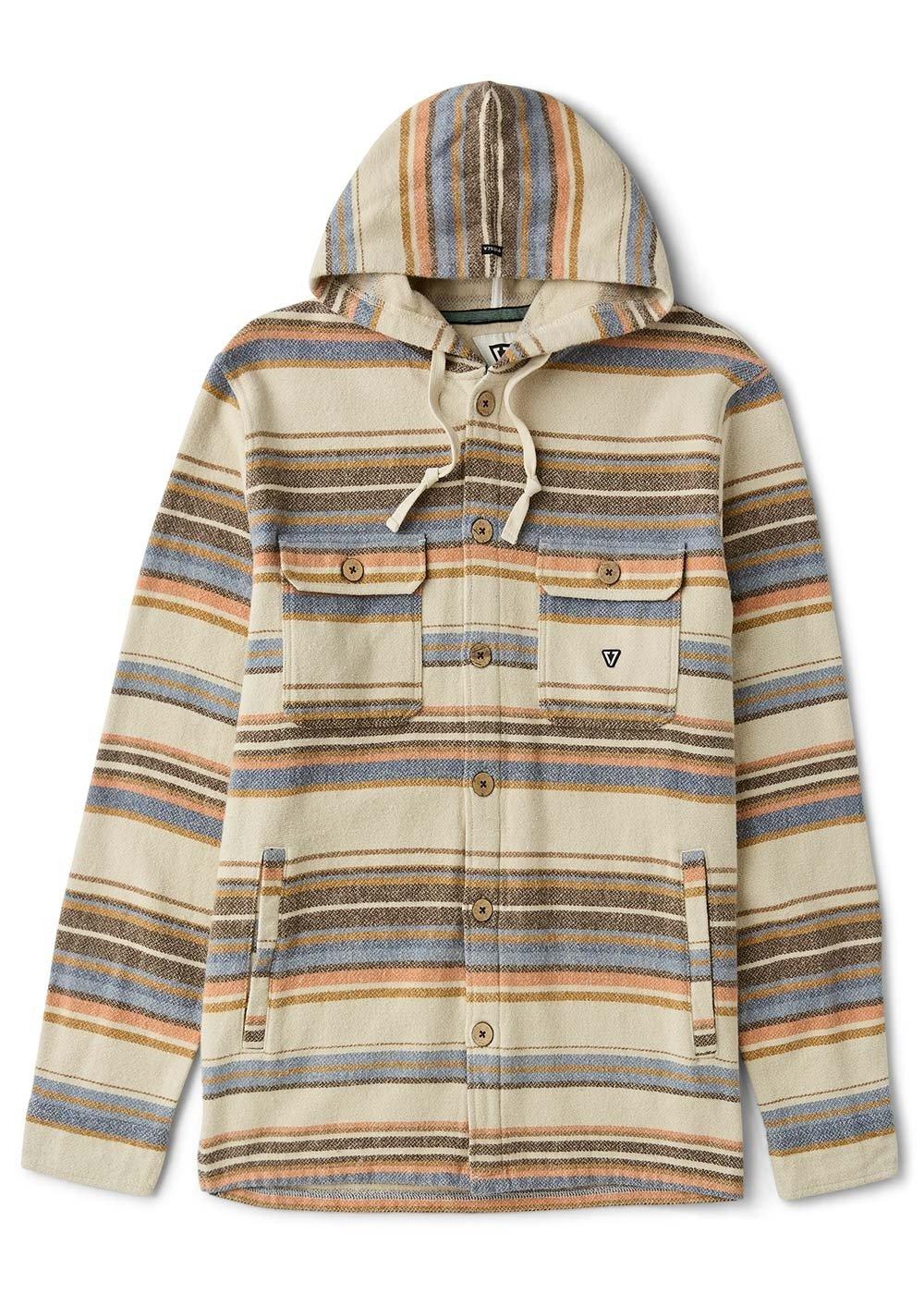 Striped hooded button-up shirt with front pockets, perfect for coastal adventures and PNW weekends.