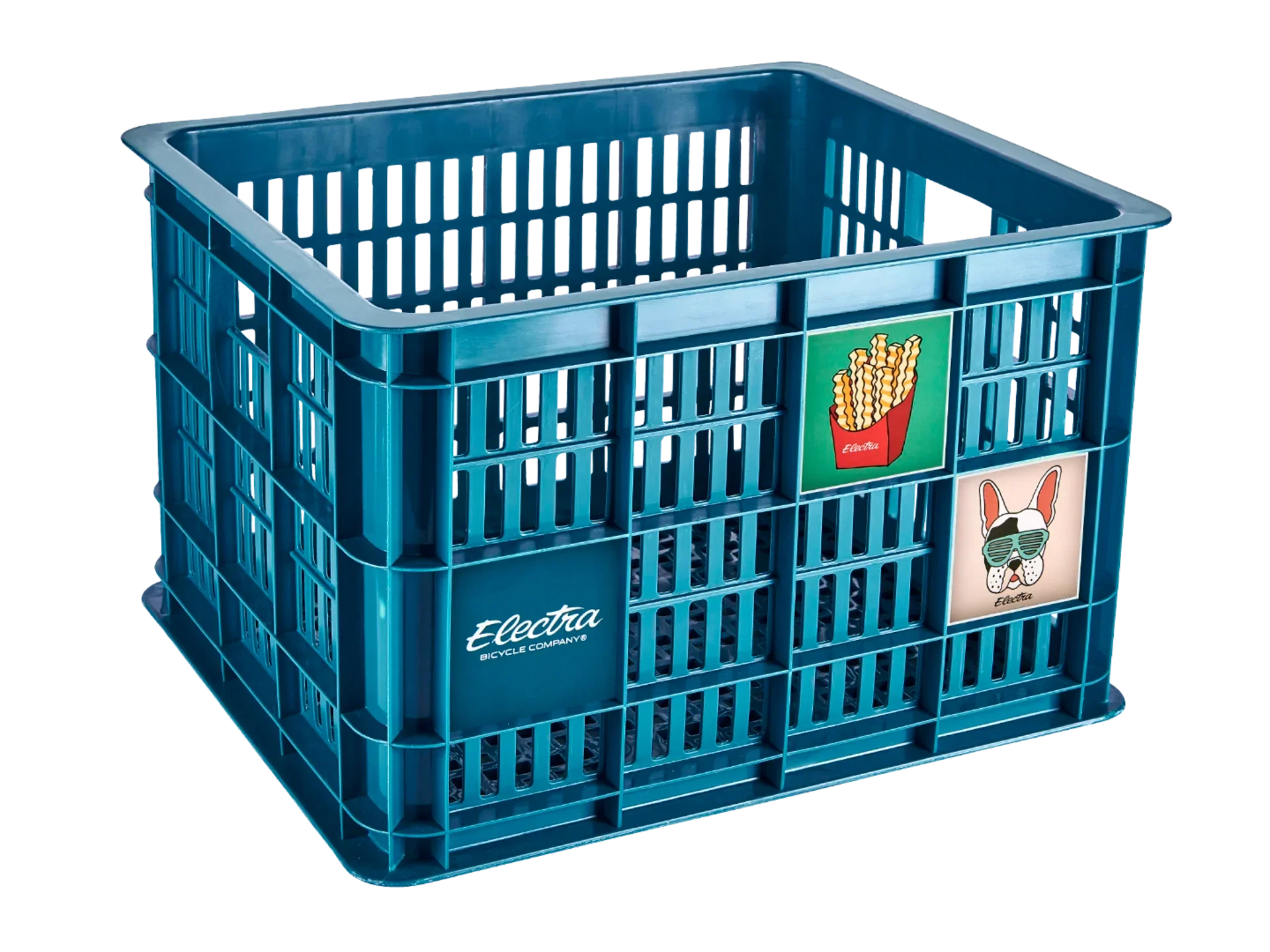 Teal Electra bike basket with fries and dog graphics, perfect for cycling storage