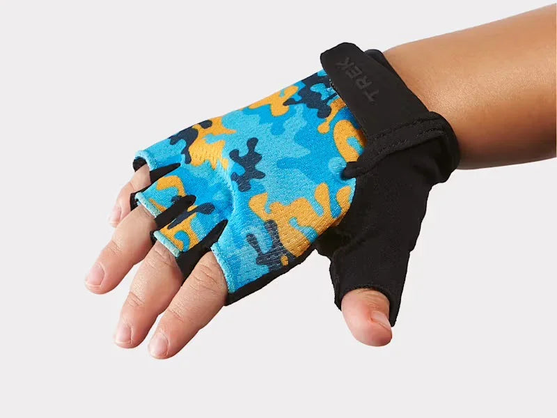 Blue and orange camo fingerless bike gloves with black wrist strap for outdoor adventures
