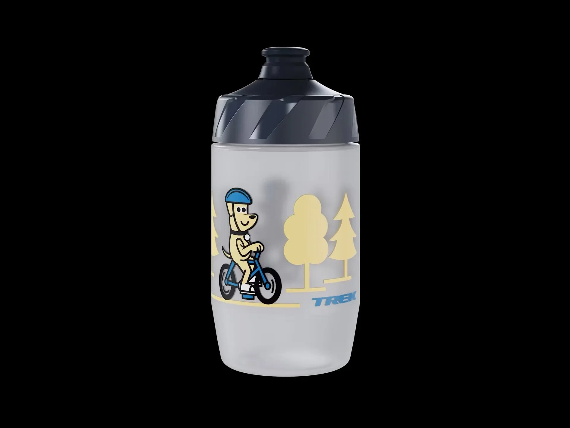 Trek bike water bottle with dog riding bicycle, trees design, for outdoor adventures and trail rides