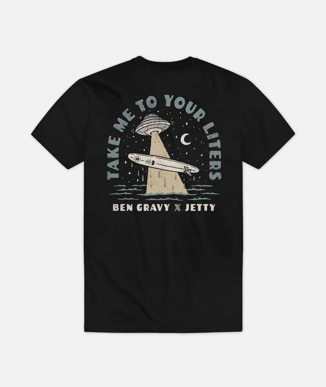 Black t-shirt with UFO abducting surfboard graphic, 'Take Me to Your Litters' text, Ben Gravy x Jetty collab