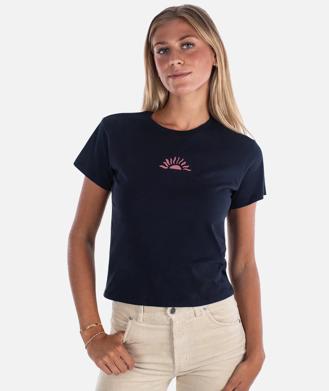 Navy crop tee with pink sunset graphic, perfect for coastal adventures and PNW weekends
