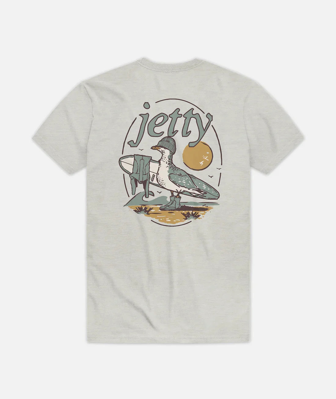 Coastal graphic tee with seagull, surfboard, and 'jetty' text for PNW beach adventures