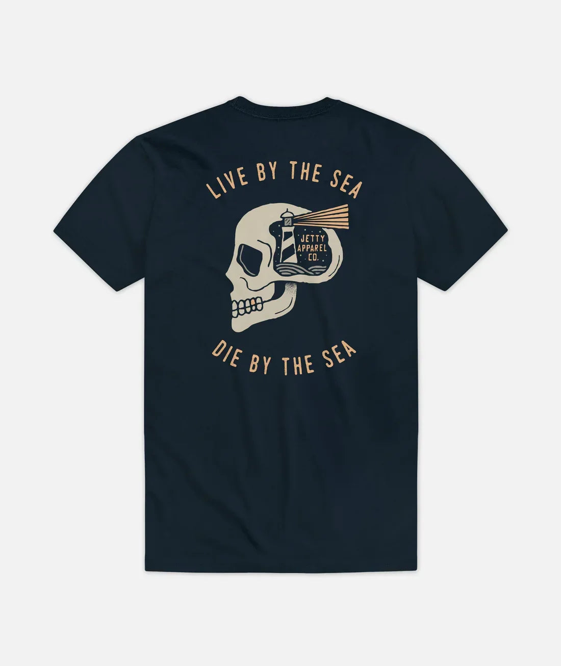 Navy t-shirt with skull and lighthouse graphic, 'Live by the Sea, Die by the Sea' text, coastal apparel design