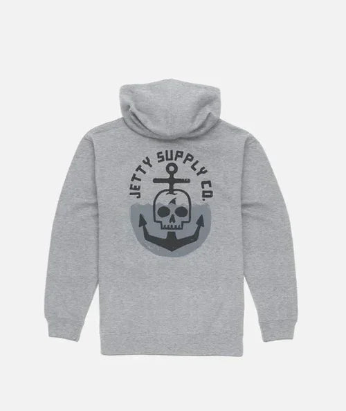 Gray hoodie with Jetty Supply Co. skull and anchor graphic, coastal outdoor style