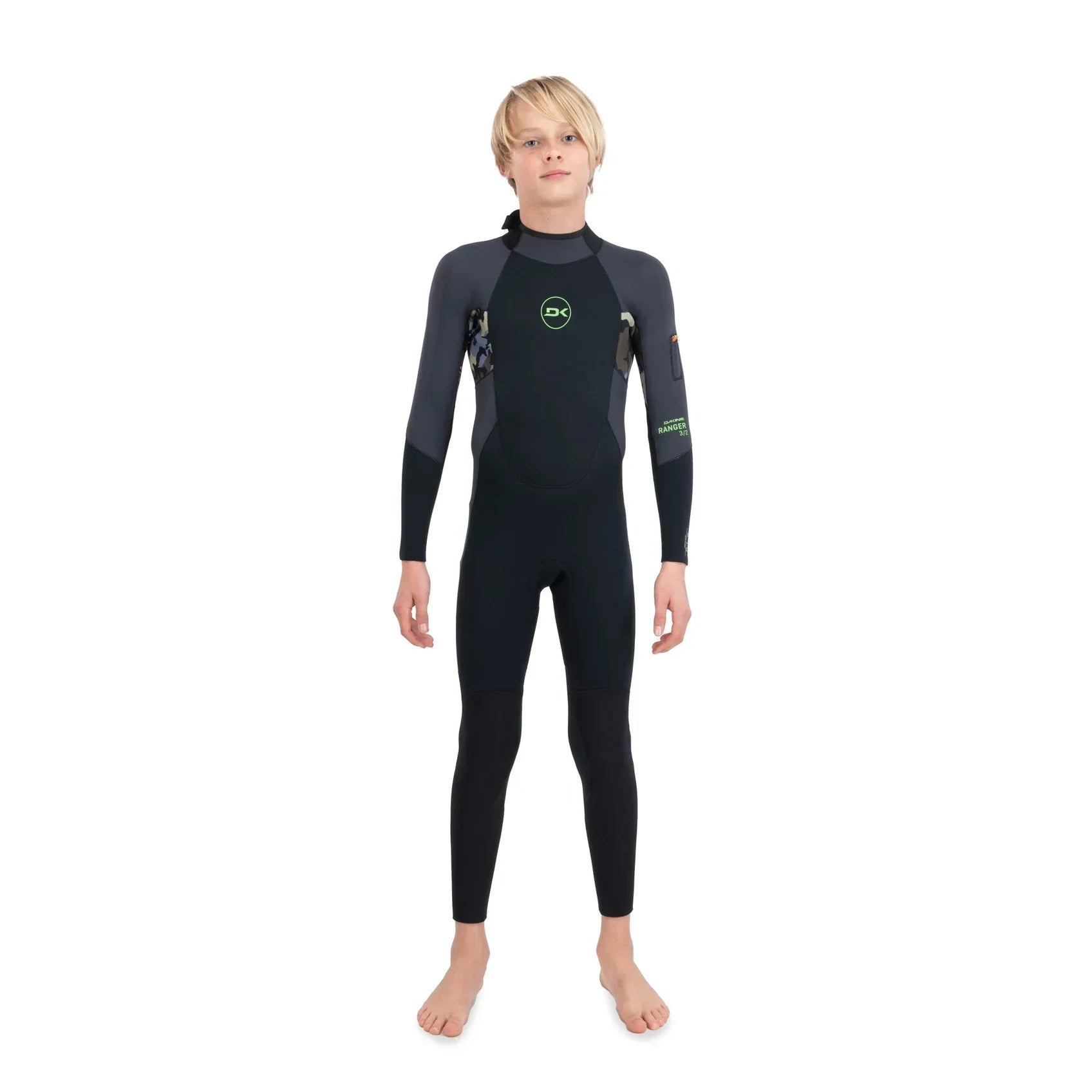 Youth full-sleeve wetsuit with camo panels and green logo, ideal for PNW coastal adventures and water sports.