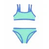 Mint green bikini set with blue trim, perfect for beach days and coastal adventures