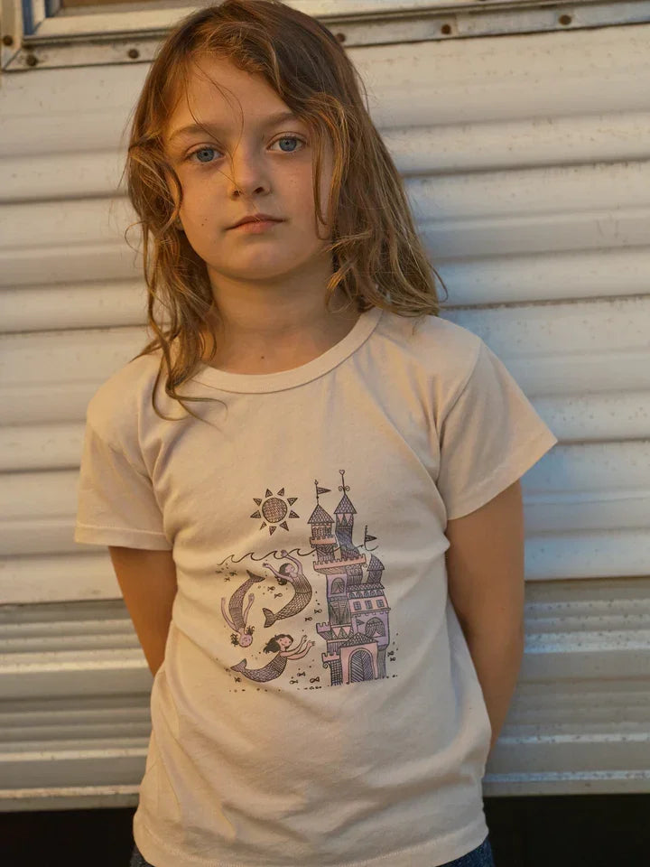 Kids mermaid castle graphic tee, coastal adventure style for beach days and PNW weekends